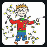 Tangled Christmas Lights Stickers<br><div class="desc">Deze Tangled Christmas Lights-stickers begrijpen dat die zalen zichzelf niet dekken. Het ontwerp is voorzien van een handgetekende stokfiguur man, met een rode en groene trui met coltrui en een verstrengelde streng van gele lichten. De uitdrukking op zijn gezicht zegt alles. Oh, wat een verwarde lampjes strengen we! Deze stickers...</div>