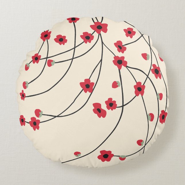 Tangled in Bloom Crimson Red Warm Vanilla Rond Kussen (Voorkant)