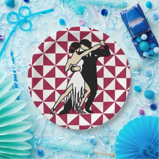 Tango Dancers op maroon en witte geometrisch Papieren Bordje (Feest)