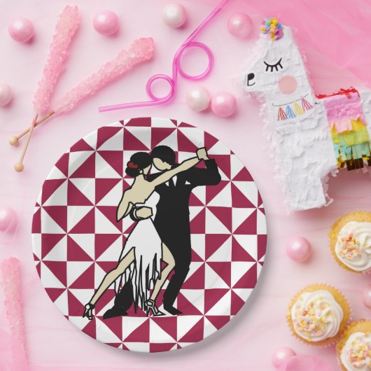 Tango Dancers op maroon en witte geometrisch Papieren Bordje (Feest)