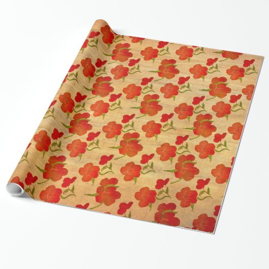 Tango Red Peonies op Gold Silk v2 Cadeaupapier (Uitgerold)