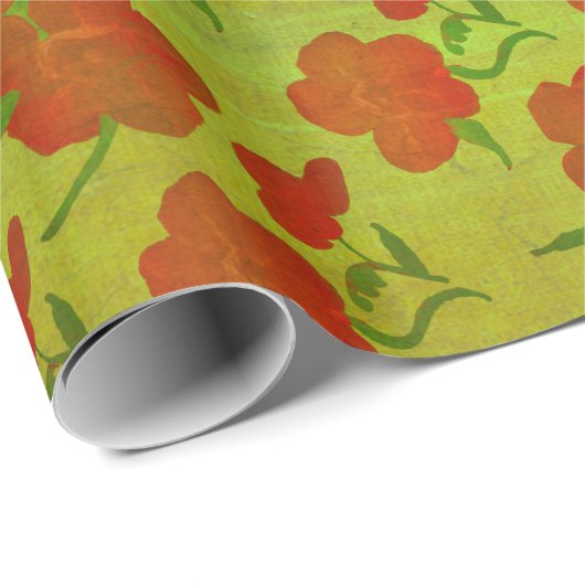 Tango Red Peonies op Lime Green Silk v2 Cadeaupapier (Rol Hoek)