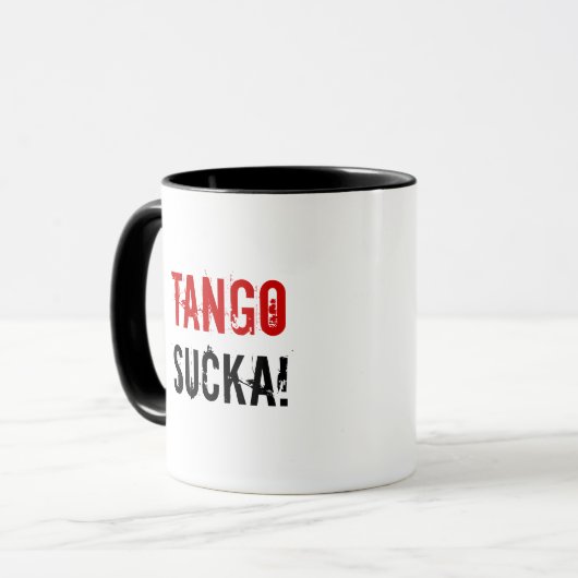Tango Sucka! oorlogvoering mok met kogelgaten (Voorkant links)