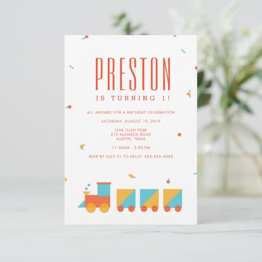 Tangram trein verjaardag uitnodiging (Staand voorkant)