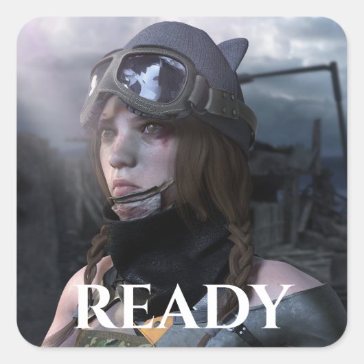 TANK GIRL MET "READY" ONDERNEATS VIERKANTE STICKER (Voorkant)