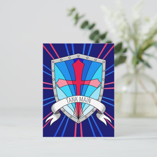 Tank Main Gamer Blue Red Cartoon Shield Briefkaart (Staand voorkant)