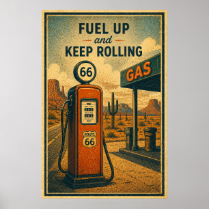 Tanken langs de oude Route 66 in een woestijnlands Poster