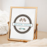 Tankstation Blauw Race Car Sign Poster<br><div class="desc">Verhoog de opwinding op uw evenement met ons retro "Tankstation" tafelblad bord. Het beschikt over een pastelblauwe raceauto omgeven door  geruite vlaggen en "tankstation" in een speels lettertype. Perfect voor verjaardagen en feesten,  het voegt een scheutje  charme en sensatie toe aan uw feest. Mis uw feest niet onvergetelijk!</div>
