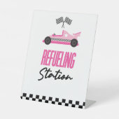 Tankstation Roze Race Auto Drink Tafel Reclamebord Met Voetstuk (Voorkant)