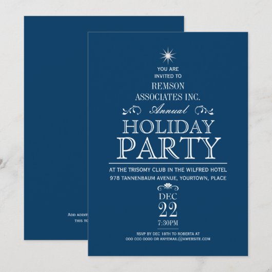 Tannenbaum Typographic Cobalt Holiday Party Kaart (Voorkant / Achterkant)