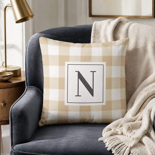 Tannige Gingham Geruite Monogram Eerste Letter Kussen (Creator heeft geüpload)