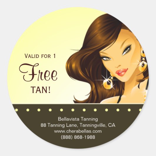 Tanning Salon Sticker Geel Exotisch Brunette Vrouw (Voorkant)