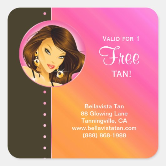 Tanning Salon Sticker Pink Oranje Brunette Woman (Voorkant)