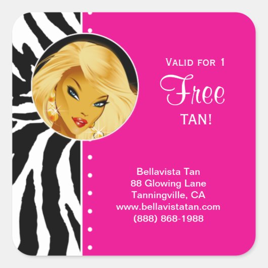 Tanning Salon Sticker Roze Zebra Blondine Vrouw (Voorkant)