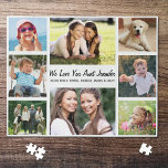 Tante houdt van je fotocollage legpuzzel<br><div class="desc">Een leuke fotocollage puzzel voor de grootste tante ter wereld. Je kunt je personaliseren met acht familiefoto's van nichtjes,  neefjes,  enz.,  je kunt de expressie aanpassen aan "Ik hou van je" of "We houden van je",  en of ze "tante",  "tante",  "Tia" enz. wordt genoemd,  en namen toevoegen als handtekening.</div>