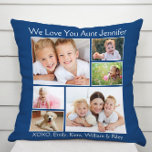 Tante Love You Fotocollage Blauw Kussen<br><div class="desc">Geef 's werelds beste tante een leuk fotocadeau op maat. Dit klassieke blauwe worp kussen heeft een 6 foto collage van haar nichten,  neven,  familie,  huisdieren,  etc.,  hun namen en "We Love You" of "I Love You" en of ze wordt genoemd "Tante",  "Tia",  etc.,  in moderne witte typografie.</div>