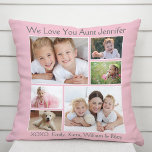 Tante Love You Fotocollage Roze Kussen<br><div class="desc">Geef 's werelds beste tante een leuk fotocadeau op maat. Dit roze kussen heeft een 6 foto collage van haar nichtjes,  neefjes,  familie,  etc.,  hun namen en "We Love You" of "I Love You" en of ze wordt genoemd "Tante",  "Tia, " etc.,  in de moderne lichtgrijze typografie.</div>