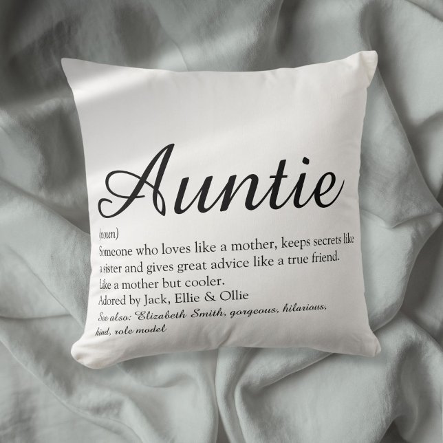 Tante Tante Definitie Zwart en Wit Chic Script Kussen (Aunt Auntie Definition Black and White Chic Script Throw Pillow)