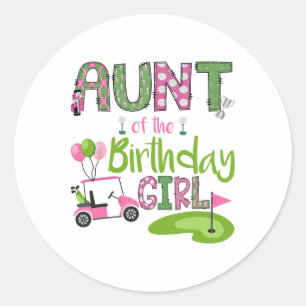 Tante van het verjaardagsmeisje gat in een golflie ronde sticker