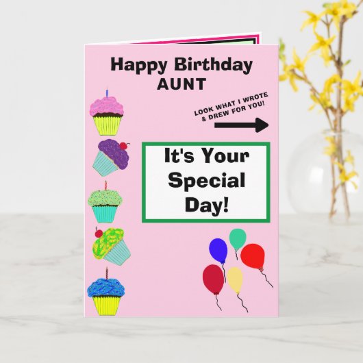 Tante Verjaardag Roze Cupcake Tower NAAM Kaart (Gele Bloem)