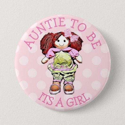 Tante wordt Pink Doll Baby shower Button (Voorkant)