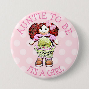 Tante wordt Pink Doll Baby shower Button