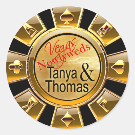 Tanya & Thomas Las Vegas Casino Chip zwart/goud Ronde Sticker (Voorkant)