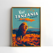 Tanzania Afrika Vintage Reizen Print Poster Leeuw