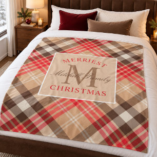 Tanzilrode Tartan Gelukkig Kerstmis Monogram Fleece Deken
