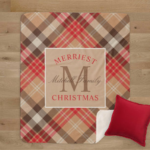 Tanzilrode Tartan Gelukkig Kerstmis Monogram Sherpa Deken