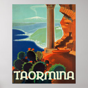 Taormina, landschap, Italië, vintage reisposter Poster