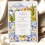 Taormina Sicily & Italian Tile Watercolor Wedding Kaart<br><div class="desc">Invite your guests to a romantic celebration in the heart of Sicily with this stunningly artistic wedding invitation. The design beautifully captures the iconic charm of Taormina, featuring a breathtaking watercolor illustration of the coastal town, the serene blue sea, and the majestic Mount Etna in the background. The scene is...</div>