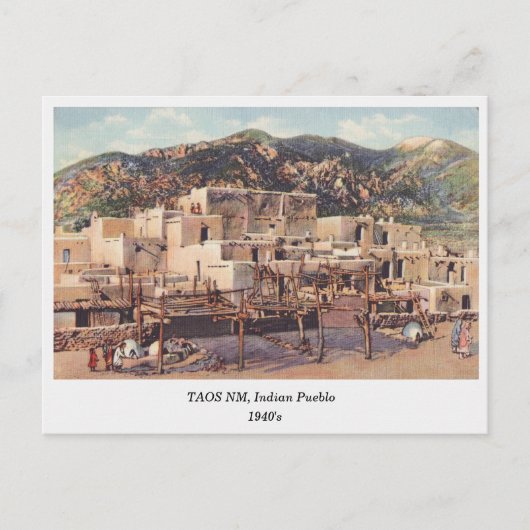 Taos NM, Pueblo, briefkaart van 1940 (Voorkant)