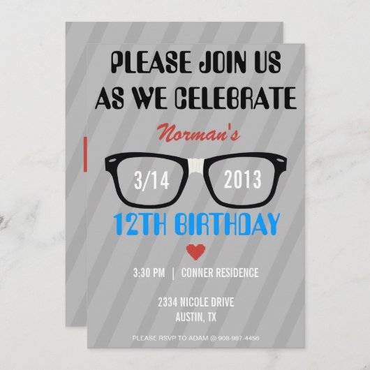 Taped Geek Glasses & Hearts Boy Birthday Invite Kaart (Voorkant / Achterkant)