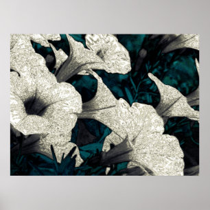 Tapestbloemen: zwart, wit en Blauwgroen Poster
