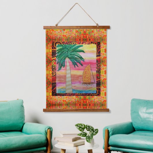 Tapestry - Abstract Palm Tree and Sailboat Hangend Wandkleed (Woonkamer)