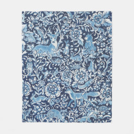 Tapestry Indigo Blue White Woodland Animal Floral Fleece Deken