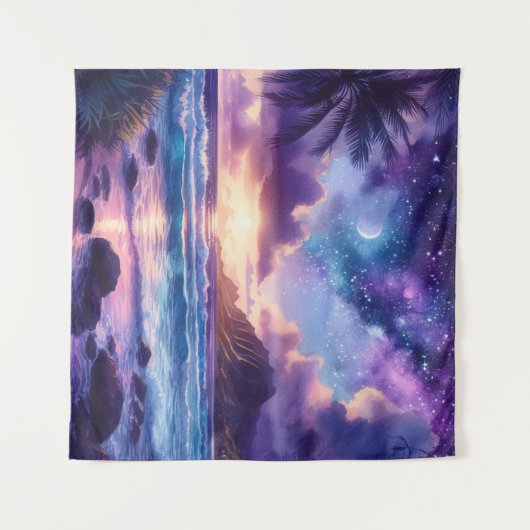 Tapestry Paarse Sunset Tropical Beach Moon Art Wandkleed (Voorkant (horizontaal))