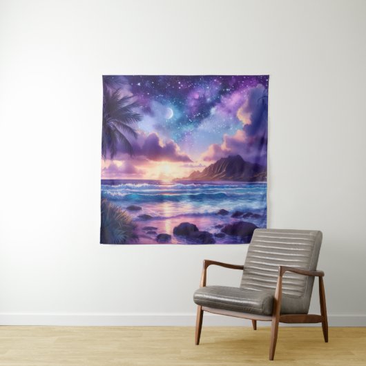 Tapestry Paarse Sunset Tropical Beach Moon Art Wandkleed (In situ)