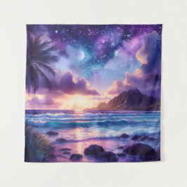 Tapestry Paarse Sunset Tropical Beach Moon Art Wandkleed