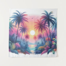 Tapijt Roze Zonsondergang Tropisch Strand Kunst Wandkleed