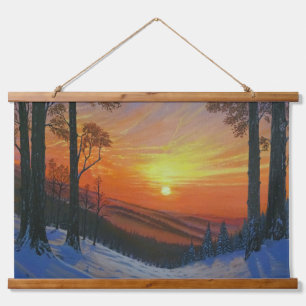 Tapijt - "Zonsondergang boven besneeuwd bos" Hangend Wandkleed