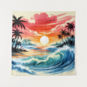 Tapijt Zonsondergang Oceaan Golven Tropische Stran Wandkleed