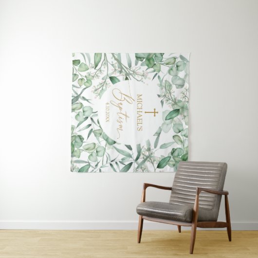 Tapiz  Baptism Eucalyptus greenery backdrop banner Wandkleed (In Situ (horizontaal))