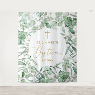 Tapiz Baptism Eucalyptus greenery backdrop banner Wandkleed