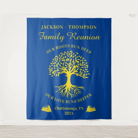 Tapiz Family reunion tree backdrop banner blue Wandkleed (Voorkant)