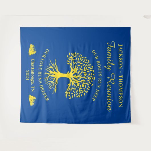 Tapiz Family reunion tree backdrop banner blue Wandkleed (Voorkant (horizontaal))