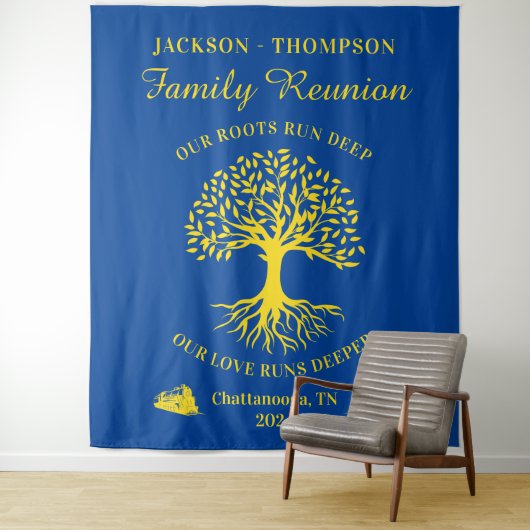 Tapiz Family reunion tree backdrop banner blue Wandkleed (In situ)