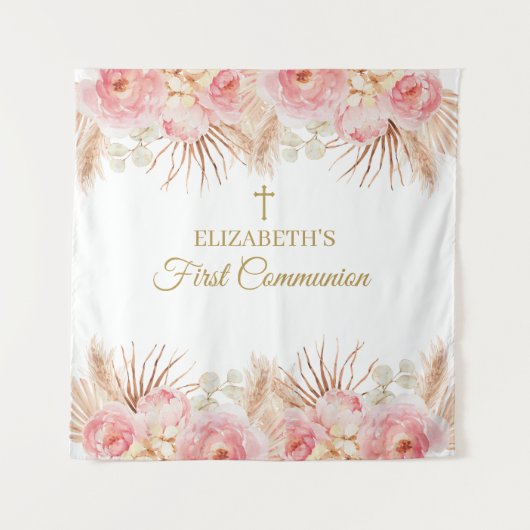 Tapiz Pink Floral First Communion Backdrop banner Wandkleed (Voorkant)