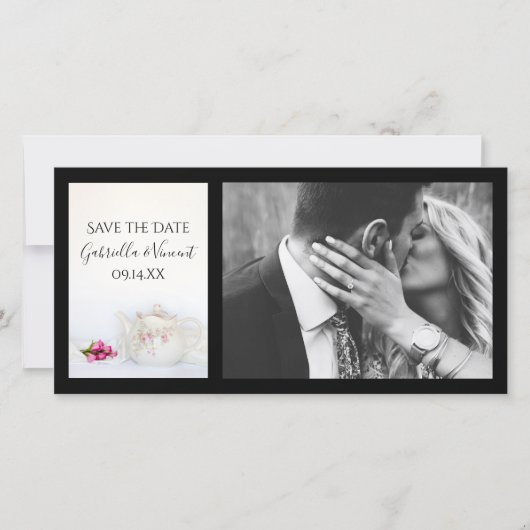 Tapot en roze rozen bruiloft sparen de datum save the date (Voorkant)